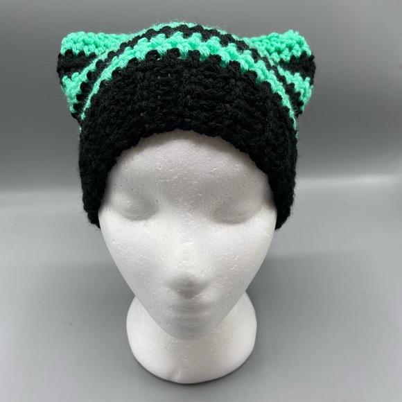 Hand Crafted Other - Cat beanie hat crochet handmade new kawaii black turquoise